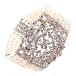 Vintage Estate 18k White Gold Diamond 7 Row 4.5mm Pearl Bracelet